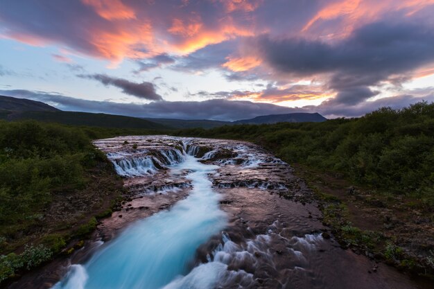 Twilight with waterfall Bruarfoss in South Iceland, Summertime