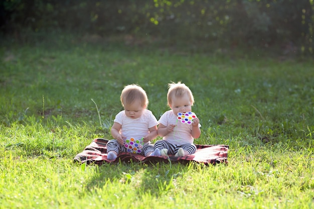 Twin children sit in a city park on a summer day on a blanket with toys.