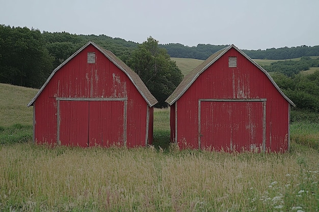 Photo twin red barns in scenic rural landscape photo