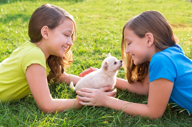 twin sister kid girls and puppy dog lying in lawn