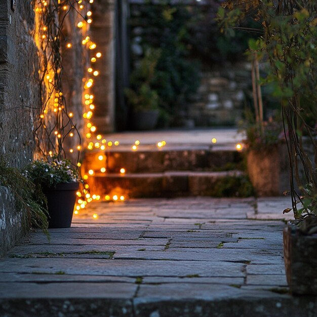 Twinkling fairy lights casting a warm glow on a stone patio