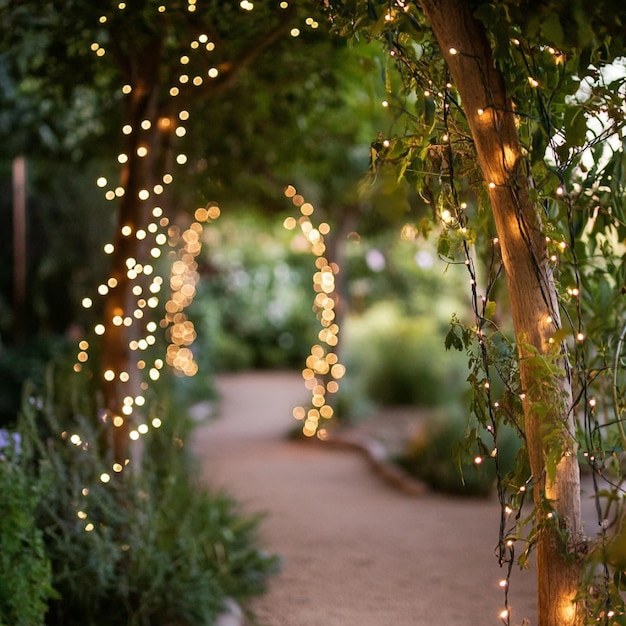 Twinkling fairy lights draped across a whimsical garden