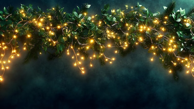 Twinkling Fairy Lights Draped on Lush Green Foliage