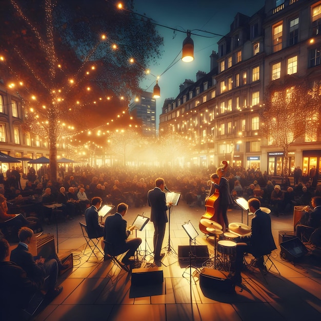 Under the twinkling lights of a bustling city square on a crisp autumn evening a jazz quartet capt