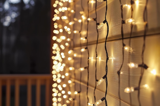 Twinkling string lights illuminate cozy outdoor space in evening warm ambiance on wall