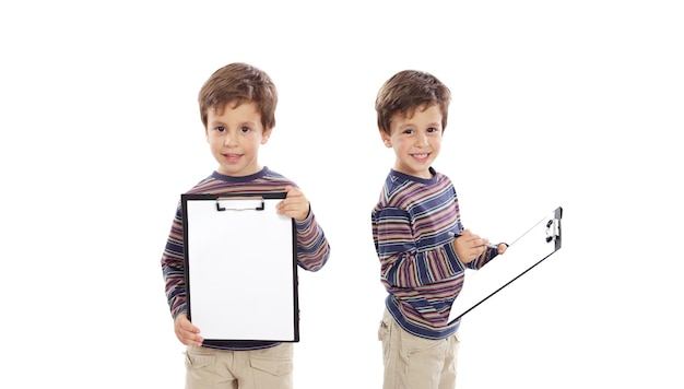 Twins holding a clipboard