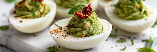 Photo a twist on traditional deviled eggs featuring avocado and chickpea filling garnished with sundried tomatoes and fresh herbs