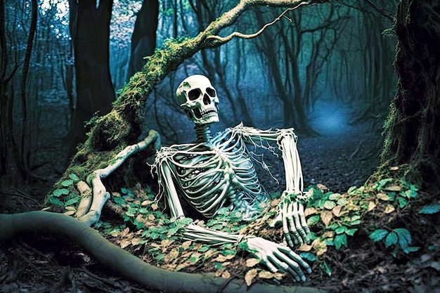 Twisted creepy ghost skeleton lying in forest under branches generative ai