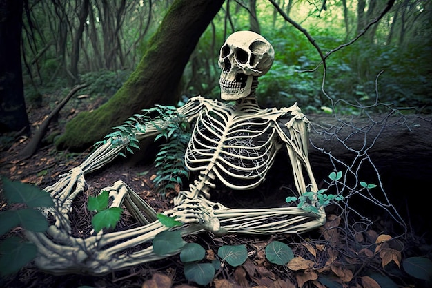 Twisted creepy ghost skeleton lying in forest under branches generative ai