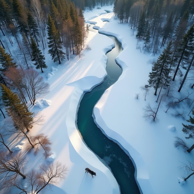 Photo twisting river flowing through a snowcovered forest with an animal nearby