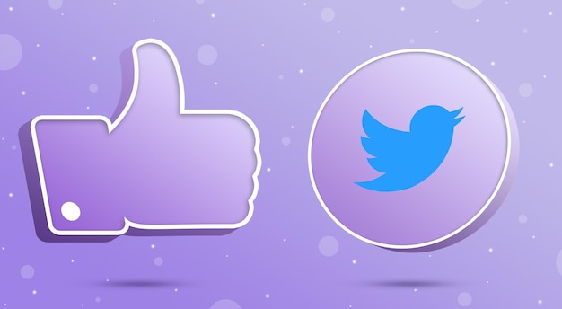 Twitter logo with thumbs up like icon 3d