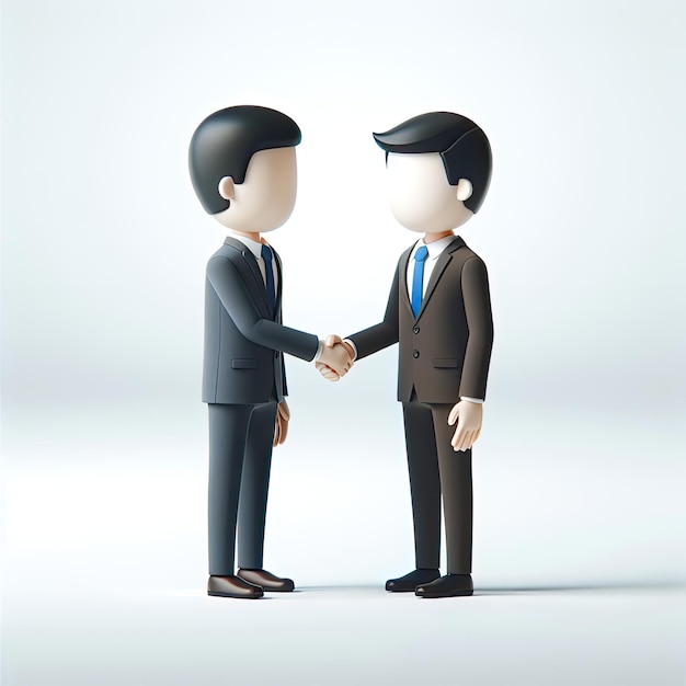 Two 3D businessman in ties shake hands on a white background