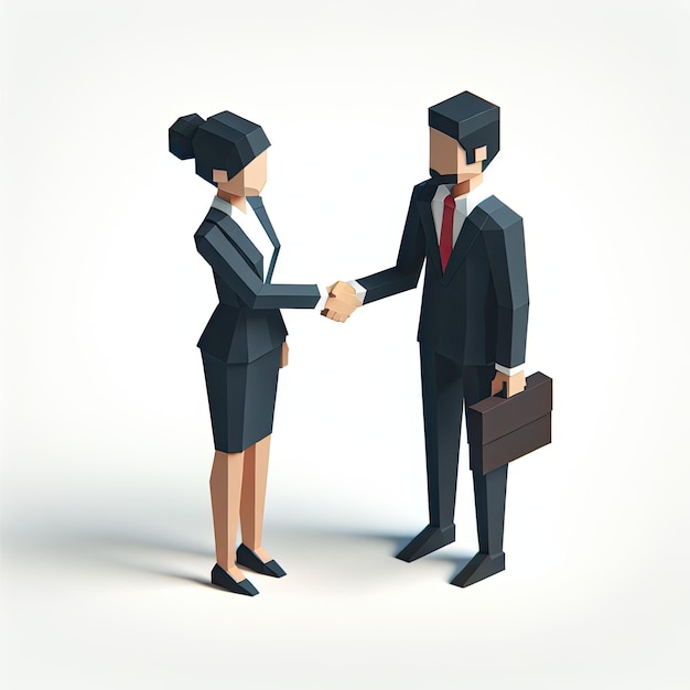 Two 3D businessman in ties shake hands on a white background