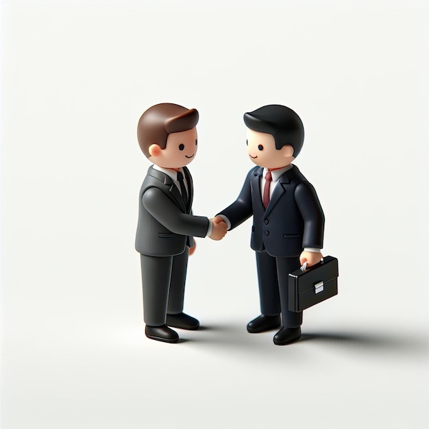 Two 3D businessman in ties shake hands on a white background