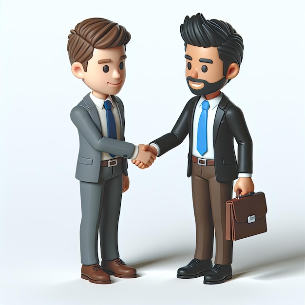 Two 3D businessman in ties shake hands on a white background