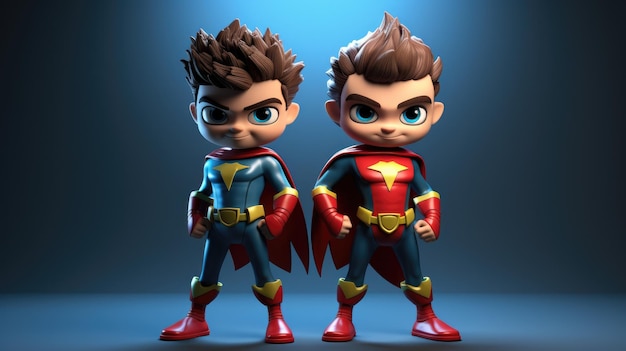 Photo two 3d cartoon kids donning superhero costumes