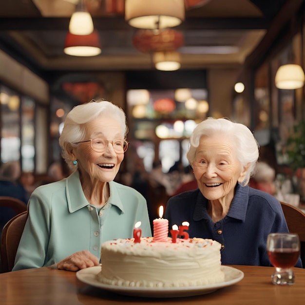 two 85 year old twins enjoying a birthday celebration at a restaurant