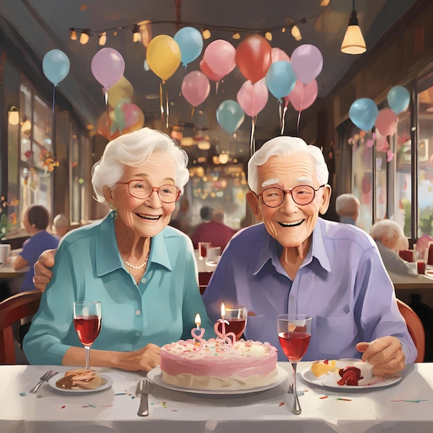 two 85yearold twins enjoying a birthday celebration at a restaurant