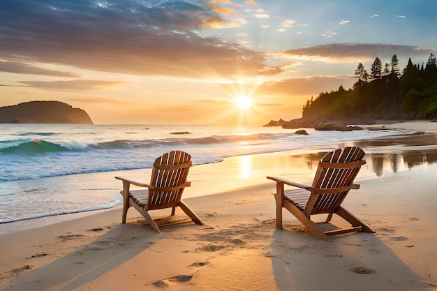 Two adirondack chairs on a beach at sunset