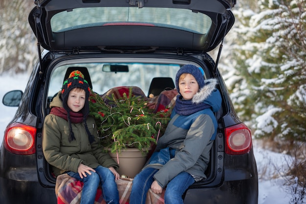 Two adorable brothers sitting in car at snowly winter forest. Concept holiday vacation.