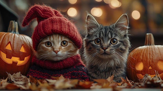 Two adorable cats in a festive fall setting with glowing jacko39lanterns