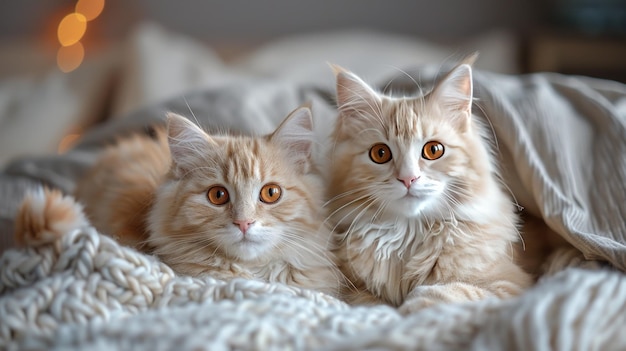 Two adorable ginger cats cuddling under a blanket on a bed