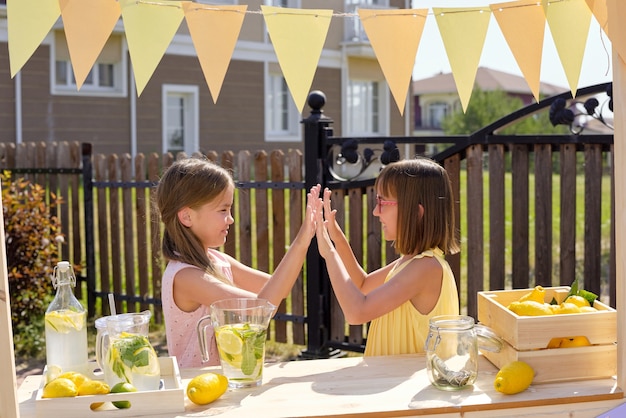 Two adorable girls playing on hot summer day while standing by wooden stall with fresh lemons and cool homemade lemonade