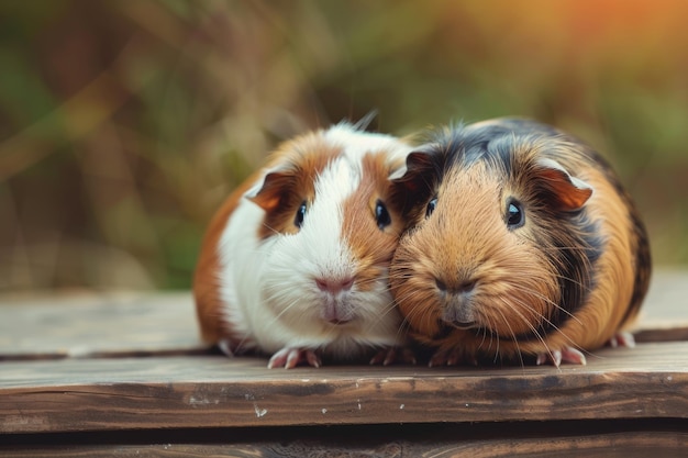 Two adorable guinea pigs sitting closely together on a wooden surface with soft background lighting during the day