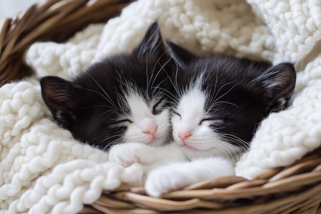 Two adorable kittens sleeping peacefully in a cozy woven basket