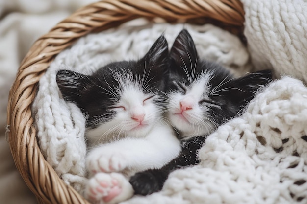 Photo two adorable kittens snuggled together in a cozy basket