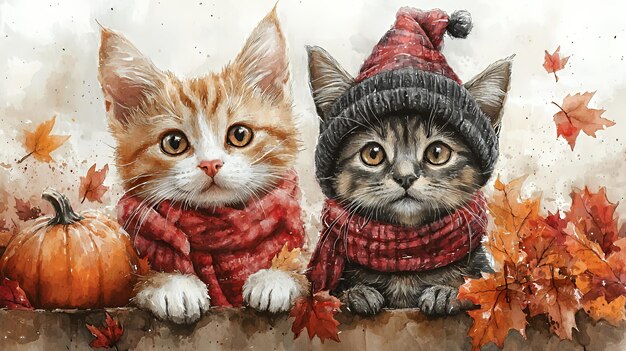 Two adorable kittens wearing red scarves and a hat looking up at the camera with a pumpkin and autumn leaves around them