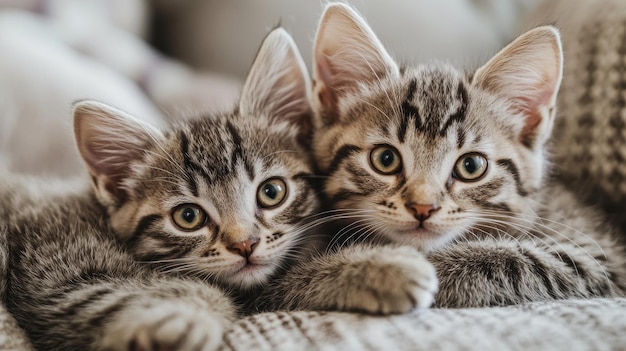 Photo two adorable tabby kittens lie close together on a soft fuzzy blanket they are both looking a