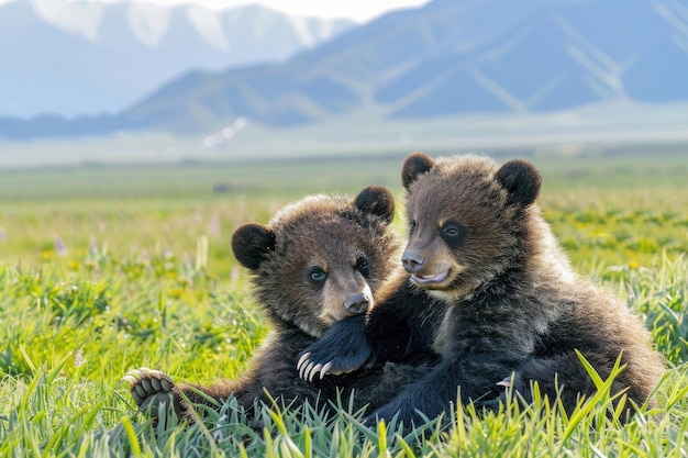 Two adorable Tian Shan bear cubs with white claws play in the grass