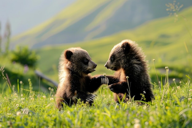 Two adorable Tian Shan bear cubs with white claws play in the grass