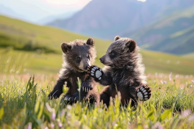 Two adorable Tian Shan bear cubs with white claws play in the grass