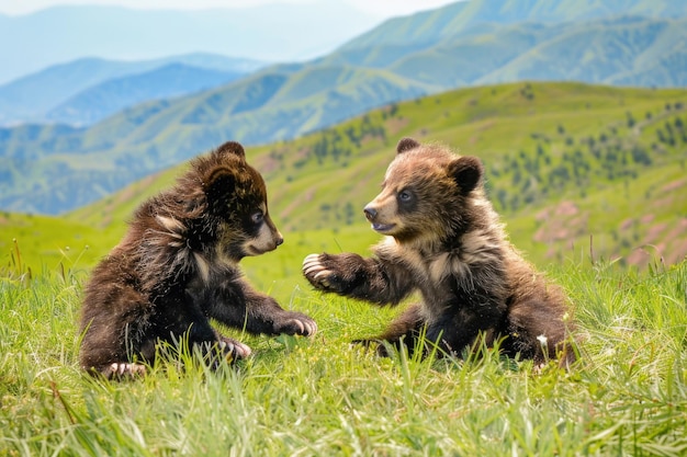 Two adorable Tian Shan bear cubs with white claws play in the grass