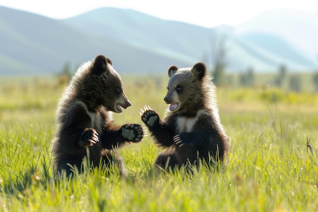 Two adorable Tian Shan bear cubs with white claws play in the grass