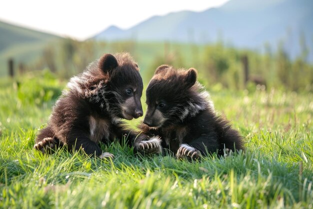 Two adorable Tian Shan bear cubs with white claws play in the grass