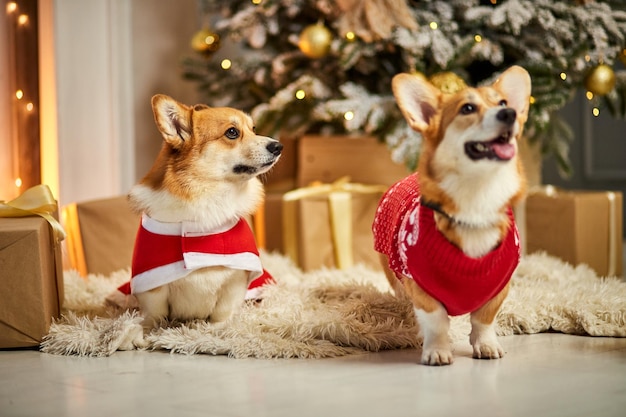 Two adorable welsh corgi dogs sitting on soft carpet and looking up near decorated christmas tree