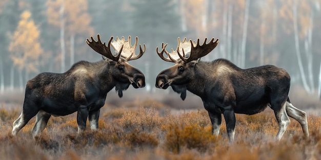 two adult horned male moose fight with horns in the spring in a field against forest