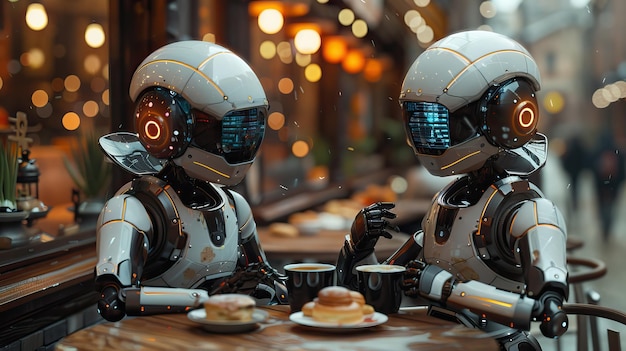 Two advanced humanoid robots engage in a social encounter at a cafe