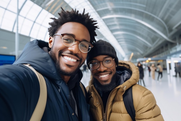 Two African American friends are traveling together Two cheerful friends taking a selfie in the international airport terminal Travelers waiting for their flight in the departure area of the airport