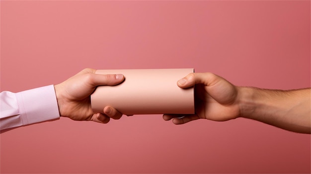 Two african american hands holding roll of paper on pink background