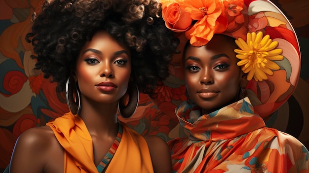 Two African American women wearing colorful ethnic wraps with flowers