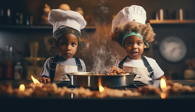 two afro ethnic kinds cooking christmas cookies at kitchen