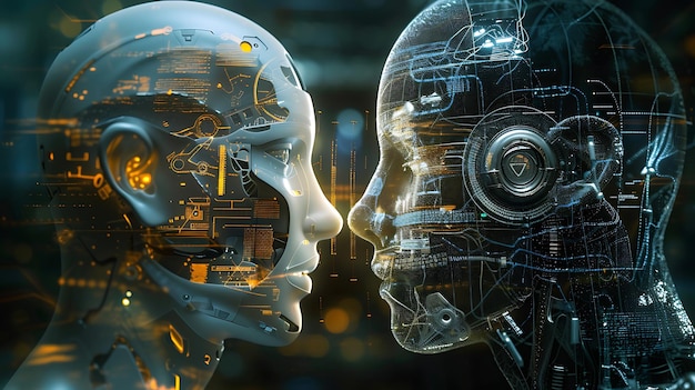 Two AI robots face to face Futuristic concept of artificial intelligence 3D rendering