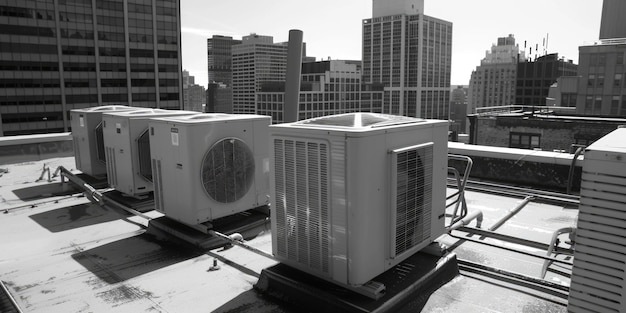 Photo two air conditioners installed on a rooftop suitable for use in architectural or industrial contexts