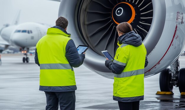 Photo two aircraft technicians in fluorescent green vests examining an airplane engine with tablets