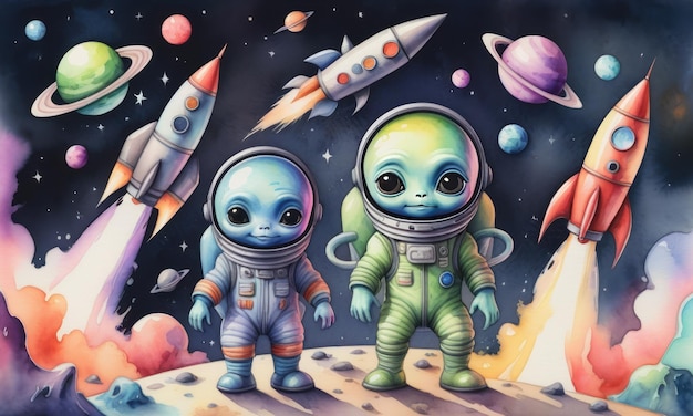 Two alien astronauts in spacesuits explore a vibrant extraterrestrial landscape with rockets soaring in the background under a starlit sky