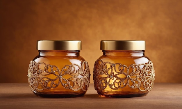 Photo two amber jars with decorations on brown background minimal concept mockup for skin care